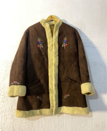 Brown Suede Coat with Embroidered Flowers