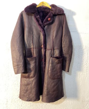 Brown Shearling Coat with Purple Trim