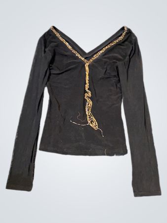 Black long-sleeved V-neck shirt with gold beaded embellishment