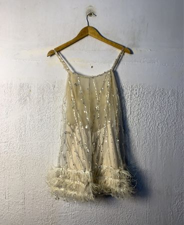 Sequin and Feather Trim Slip Dress