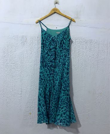 Teal Leopard Print Ruffle Slip Dress