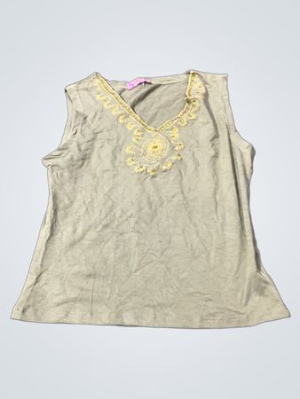 Olivenfarbener ärmelloser Tanktop mit goldener Stickerei
