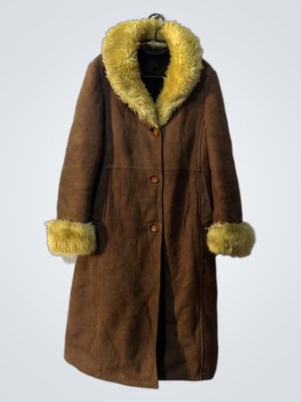 Brown Suede Coat with Yellow Fur Trim