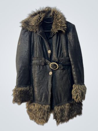 Black faux fur trimmed coat with buckle belt