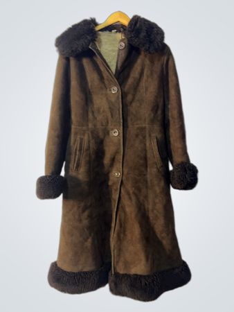Brown Suede Shearling Coat with Fur Trim