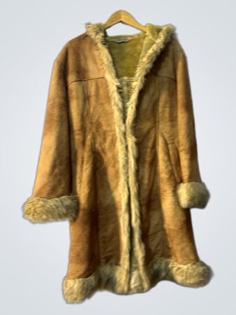 Da Di Peng Fashion Brown Suede Faux Fur Lined Hooded Coat