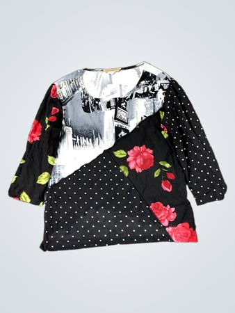 MASSINI Damen Schwarz-Weiße Collage Druck Langarmoberteil mit Rosen und Punkten