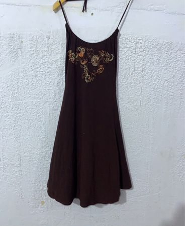 Brown spaghetti strap dress with floral embroidery