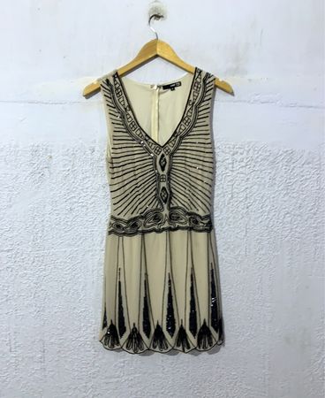 Beige Ärmelloses Perlenbesetztes Flapper Kleid