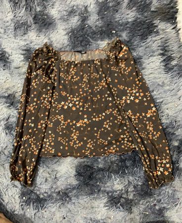 QS Damen Brauner Floralprint Quadratischer Ausschnitt Langarmtop