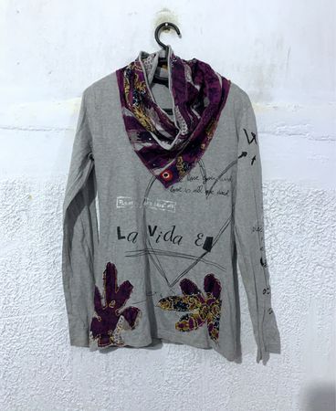Desigual Long Sleeve Grey T-Shirt with Scarf Detail