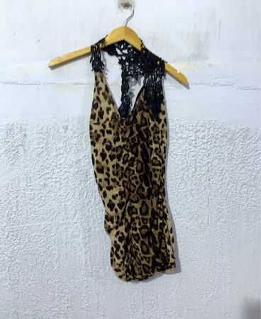 Leopard Print Halter Top with Black Lace Trim