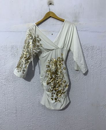 White Ruched Dress with Gold Floral Print