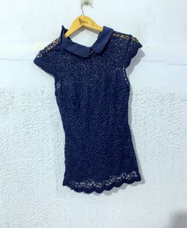 Navy Lace Top with Collar