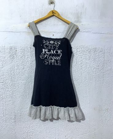 Black Dress with CITY PEACE ROYAL STYLE Graphic and Ruffled Hem