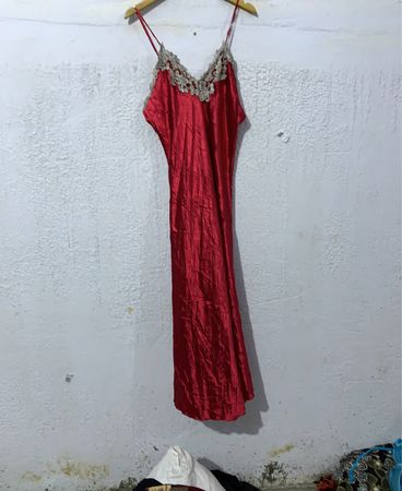 Red Satin Nightgown with Lace Trim