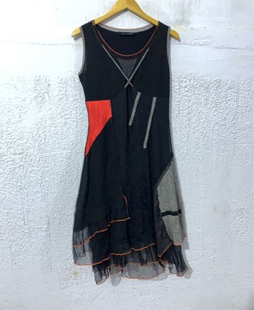 Warehouse Black Sleeveless Dress with Orange and Grey Accents