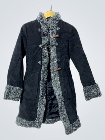 Black Suede Coat with Faux Fur Trim