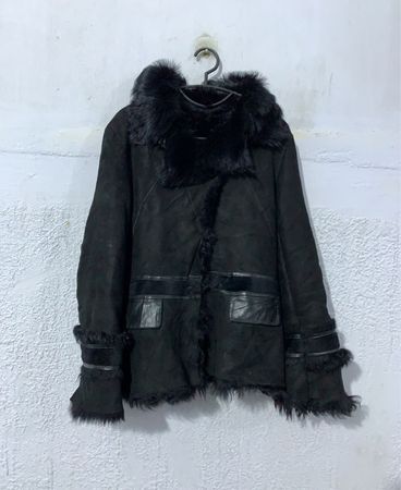 Black Suede Shearling Jacket with Fur Trim