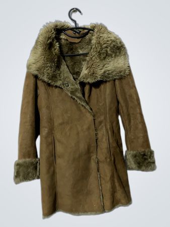 CAROLL Brown Suede and Fur Trimmed Coat