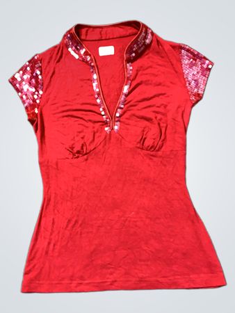 Rotes Pailletten-Ärmel V-Ausschnitt-Top