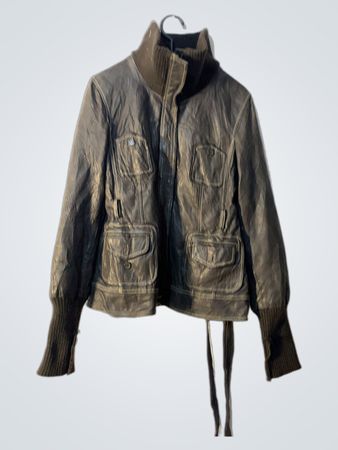 Women's Dark Brown Leather Jacket with Ribbed Collar and Cuffs