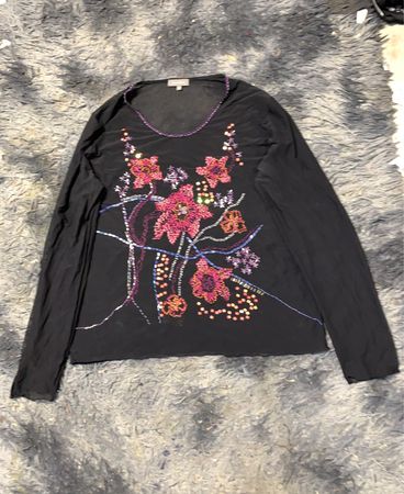Marc Aurel Schwarzer Perlenbestickter Floral Langarmtop