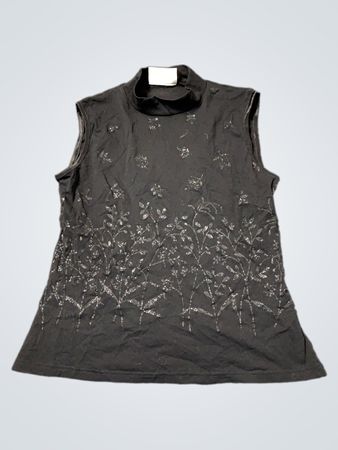 Schwarzes ärmelloses Oberteil mit Stehkragen und floralem Glitzerdetail