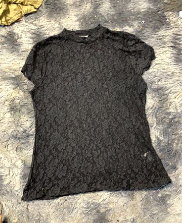 Schwarz Spitze Stehkragen T-Shirt