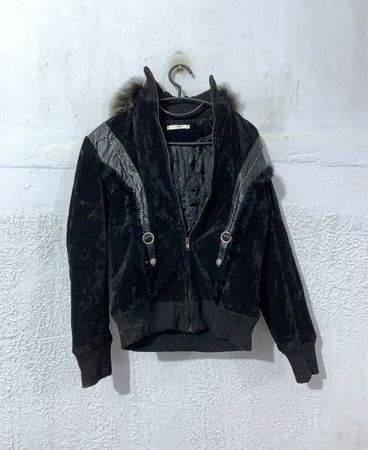 Black Velvet Bomber Jacket with Fur Trim