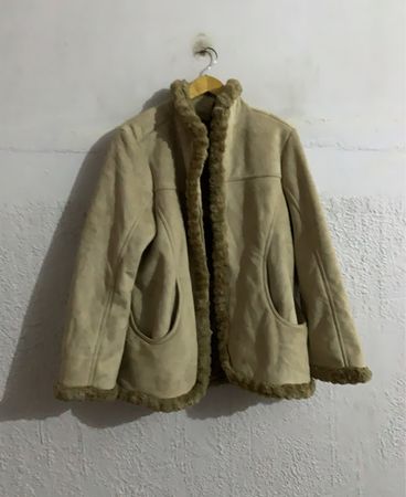 Beige Suede-like Jacket with Faux Fur Trim
