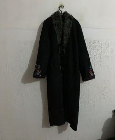 Black Embroidered Coat with Fur Collar