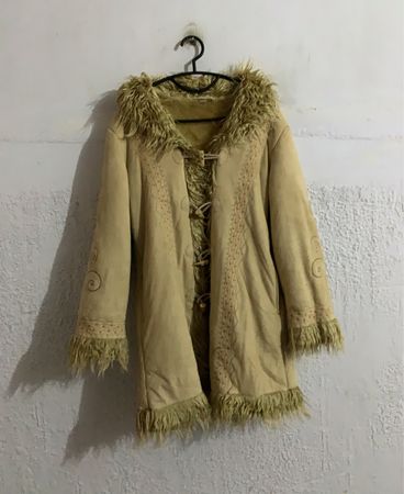 Tan Faux Fur Trimmed Coat with Tassel Fastenings