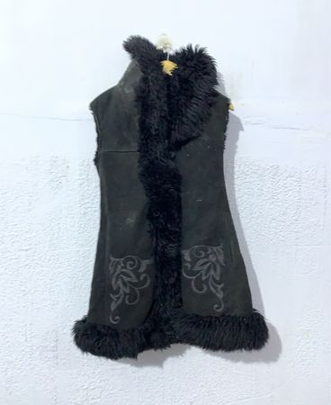 Black Faux Fur Trimmed Vest with Embroidered Detail