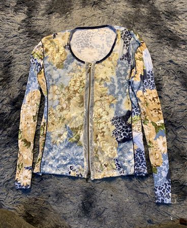 Blaues Floralprint Reißverschluss Langarmhemd
