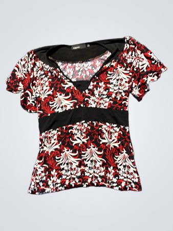 Rocawear Damen Schwarzes Rot Weiß Blumenmuster V-Ausschnitt Kurzarmoberteil