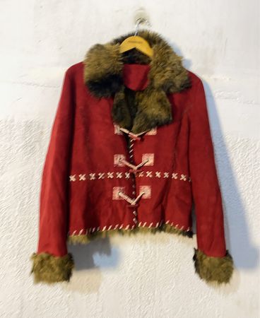 Red Suede-like Jacket with Fur Trim and Toggle Closures
