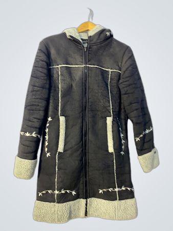 CRACKER Black Embroidered Faux Suede Coat with Faux Fur Trim