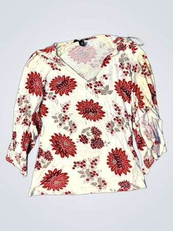 Bluse mit Glockenärmeln im weißen und roten Blumenmuster