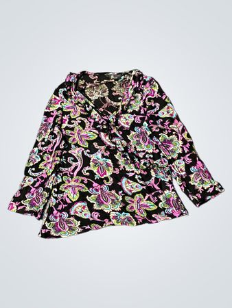 Schwarzes Paisley-Print Langarm-Wickeltop