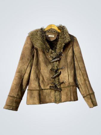 Brown Suede-like Jacket with Fur Collar and Toggle Closures
