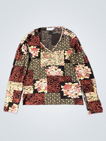 INFLUX Patchwork Floral Print Langarm V-Ausschnitt Oberteil