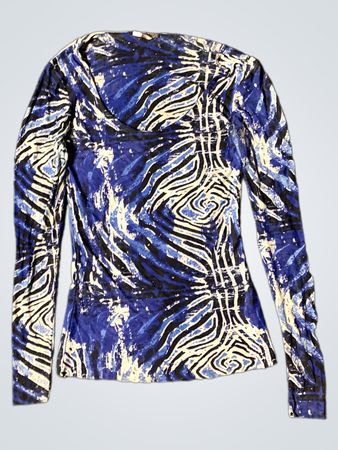 Langarm-V-Ausschnitt-Oberteil mit abstraktem Blau- und Schwarzdruck
