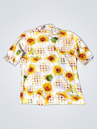 Weißes T-Shirt mit Sonnenblume und Vichykaro-Druck