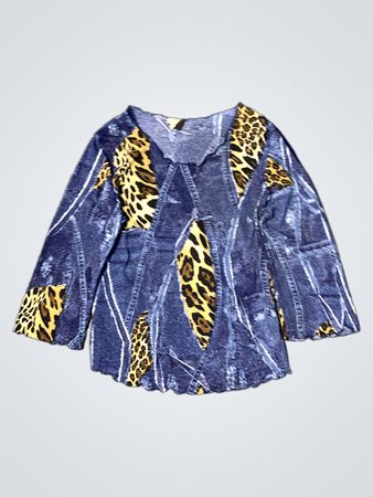 Blaues Denim und Leopardenmuster Langarmoberteil