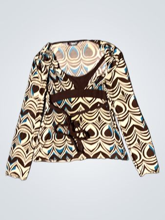 Yendi Brown Blue White Patterned Long Sleeve Top