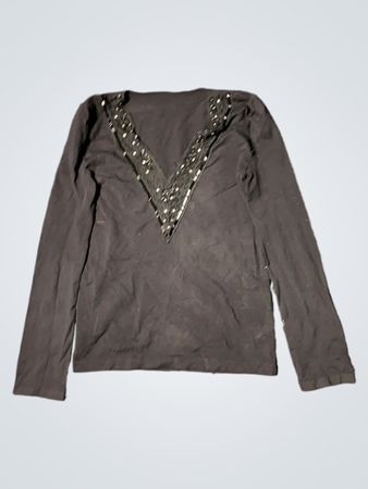 Schwarzes Langarm-V-Ausschnitt-Shirt mit Paillettenverzierung