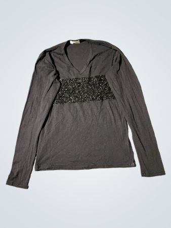 Schwarzes langärmeliges V-Ausschnitt-Shirt mit Glitzerdetails