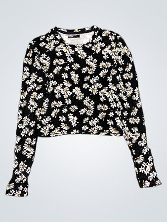 CROPP Black Daisy Print Long Sleeve Crop Top