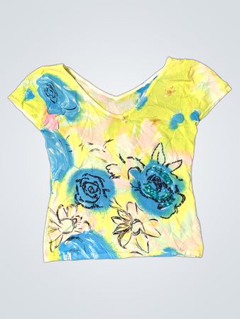 Gelbes und blaues T-Shirt mit floralem Muster und Pailletten